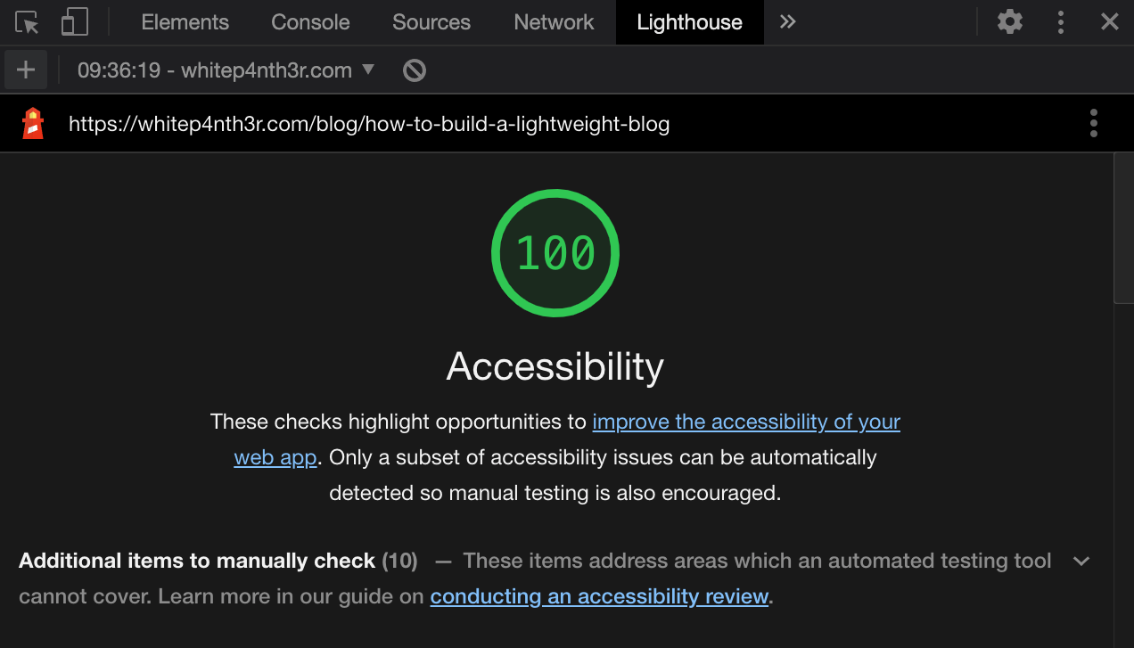 A screenshot showing a 100% Accessibility score on the Google Lighthouse dev tools tab