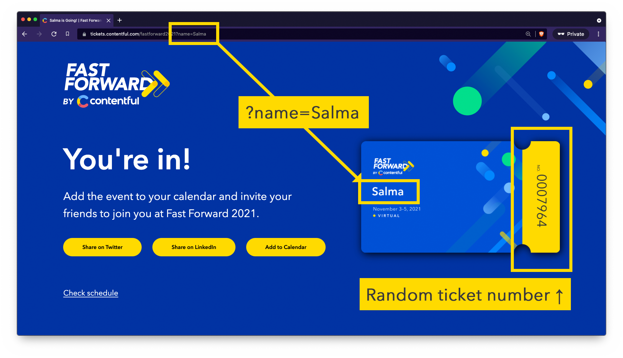A screenshot of the Fast Forward ticket app, showing how the parameters from the URL translate to the content on the page. You can see that the name parameter from the URL is embedded onto the image of the ticket, and the random ticket number is also highlighted at the right of the ticket.