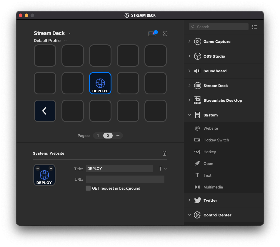 A screenshot of a new Stream Deck profile with a new website button added, with the label DEPLOY.