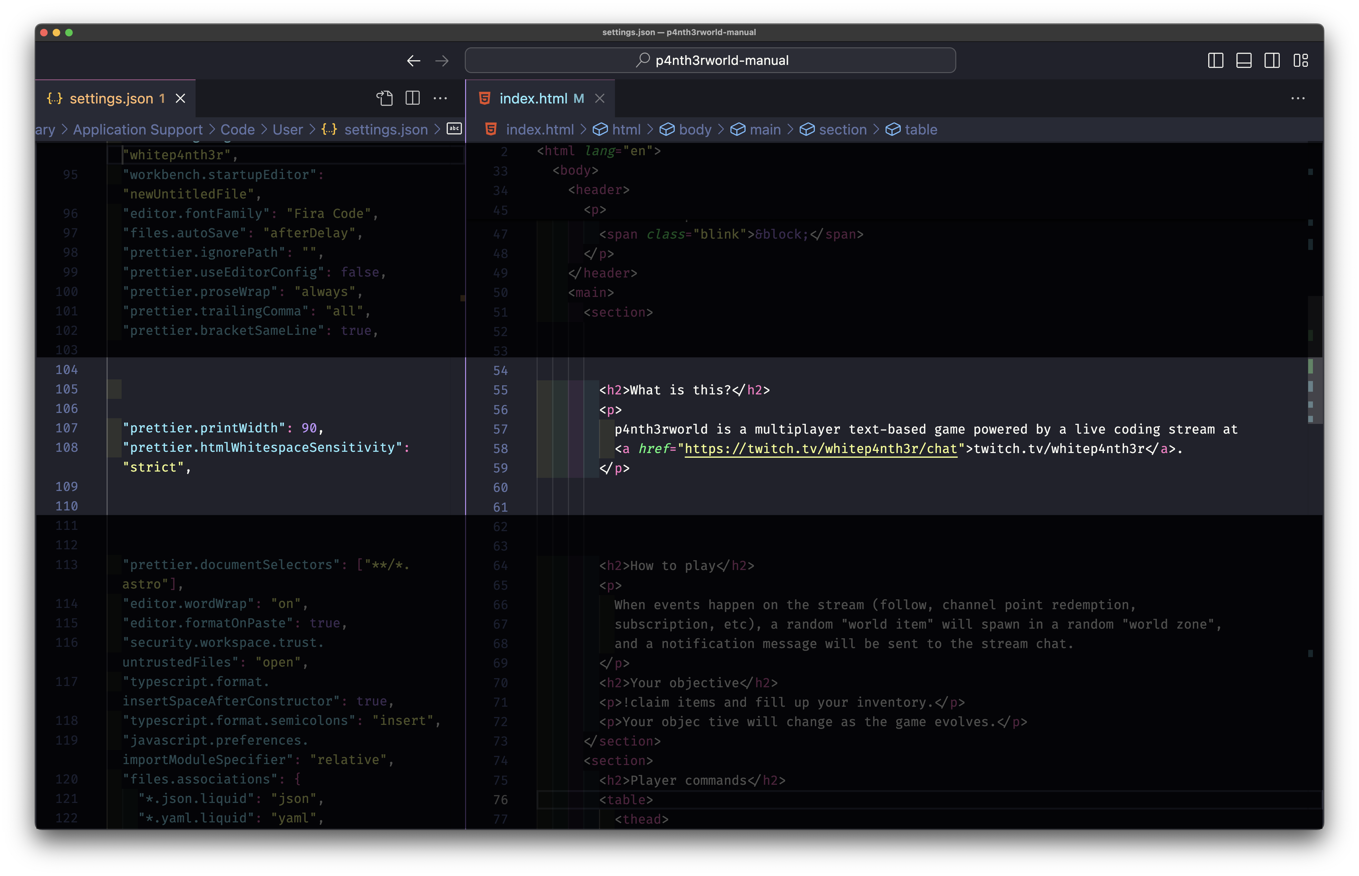 Side by side view of the new prettier settings and the correctly formatted HTML in VS Code.