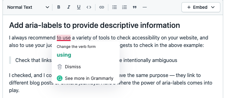 A screenshot showing Grammarly activating whilst adding content to the Rich Text field in Contentful.