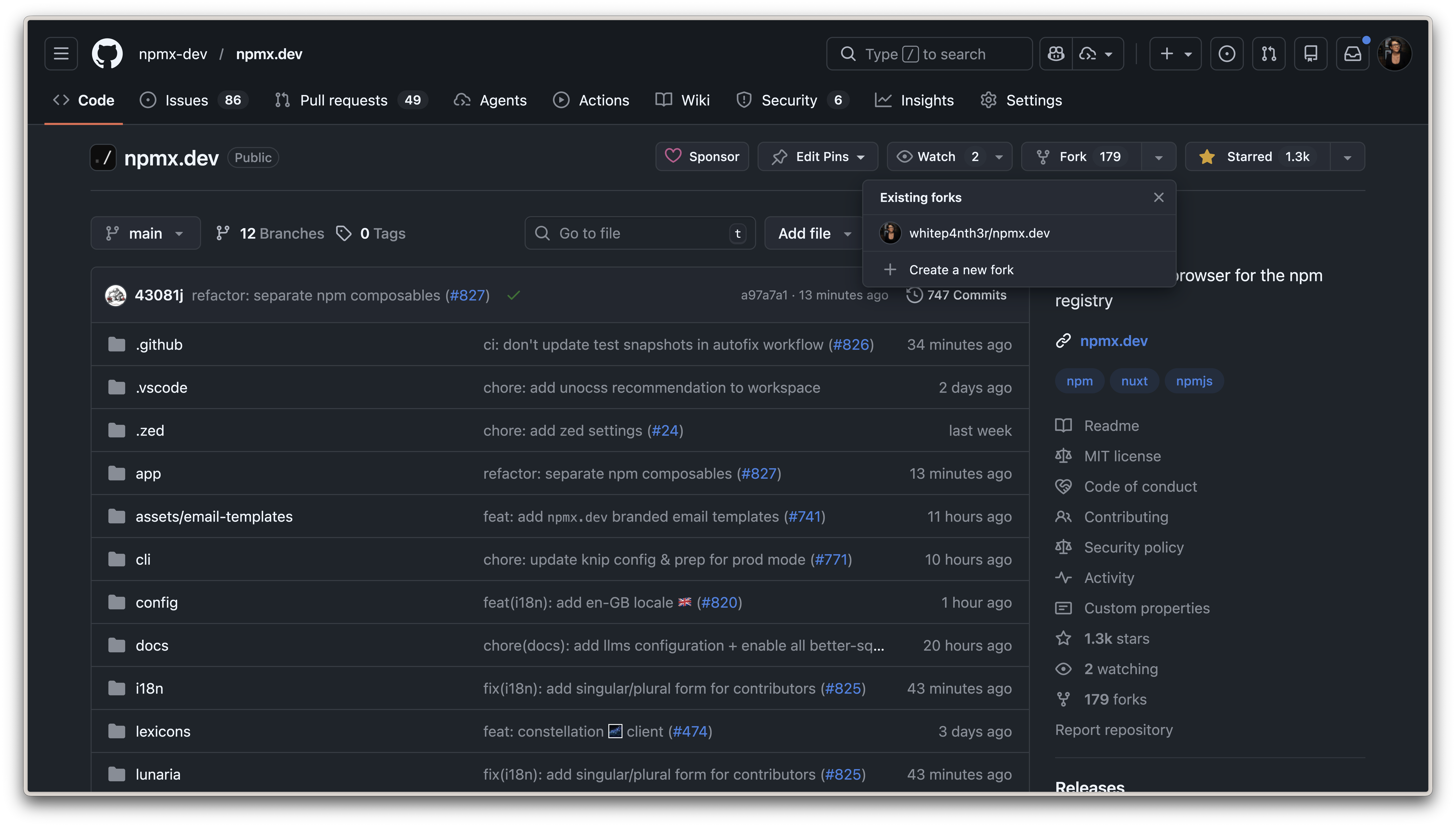 The fork button at the top of the npmx repository showing that I have one existing fork.