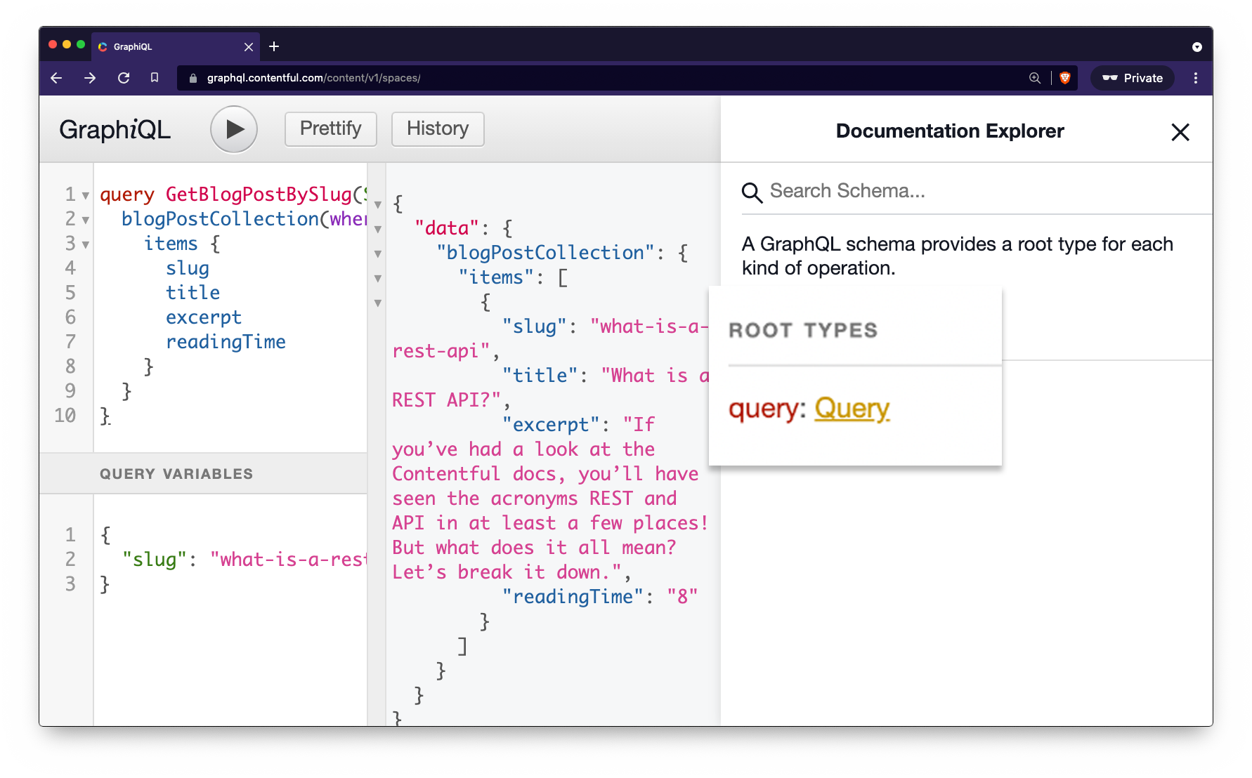 A screenshot of the GraphiQL explorer, showing the docs tab open and the root types — query area highlighted.