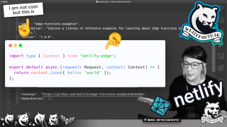 A youtube thumbnail showing a screenshot of my stream in black and white, with a code example of an edge function and some emoji pointing hands. There is also the white panther logo and a netlify logo at jaunty angles.