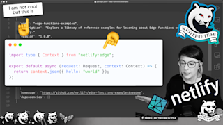A youtube thumbnail showing a screenshot of my stream in black and white, with a code example of an edge function and some emoji pointing hands. There is also the white panther logo and a netlify logo at jaunty angles.