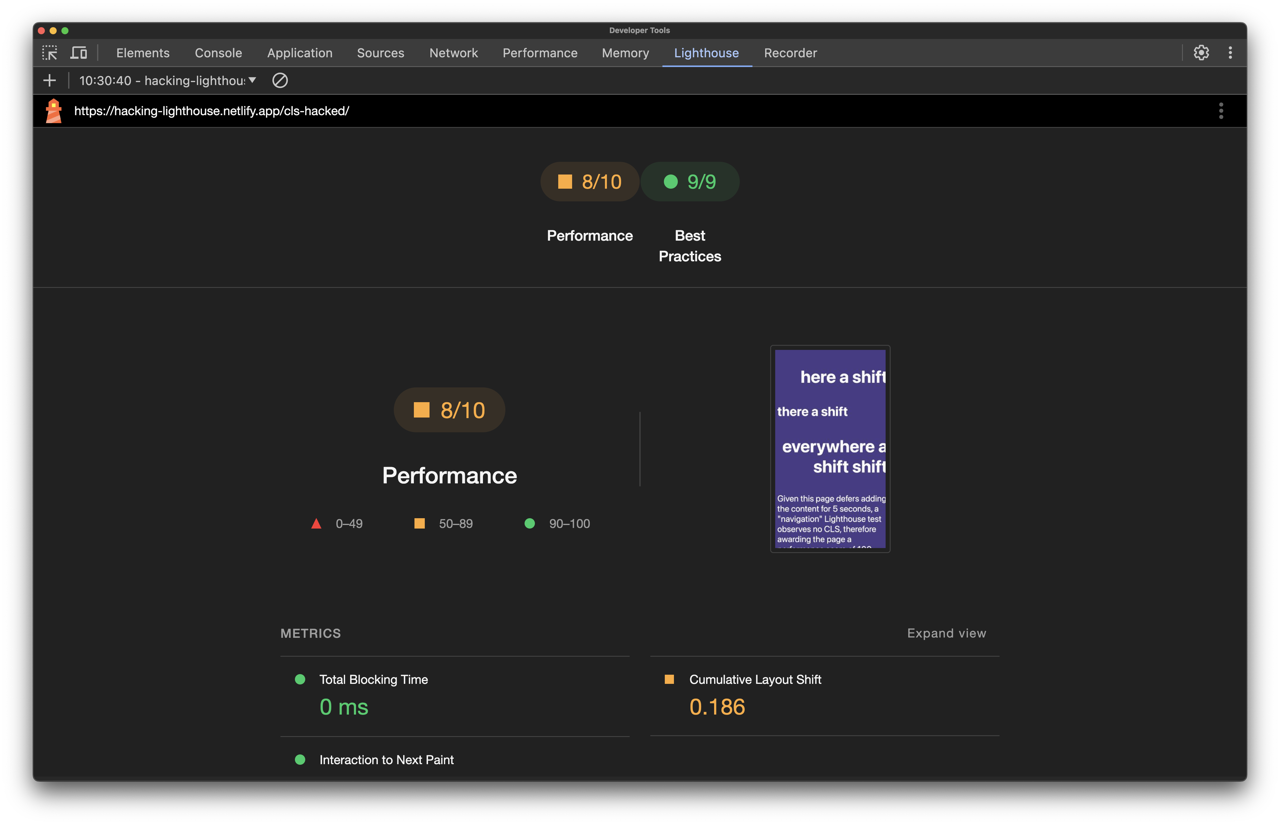 Screenshot of a timespan test performed on the same page with layout shifts.