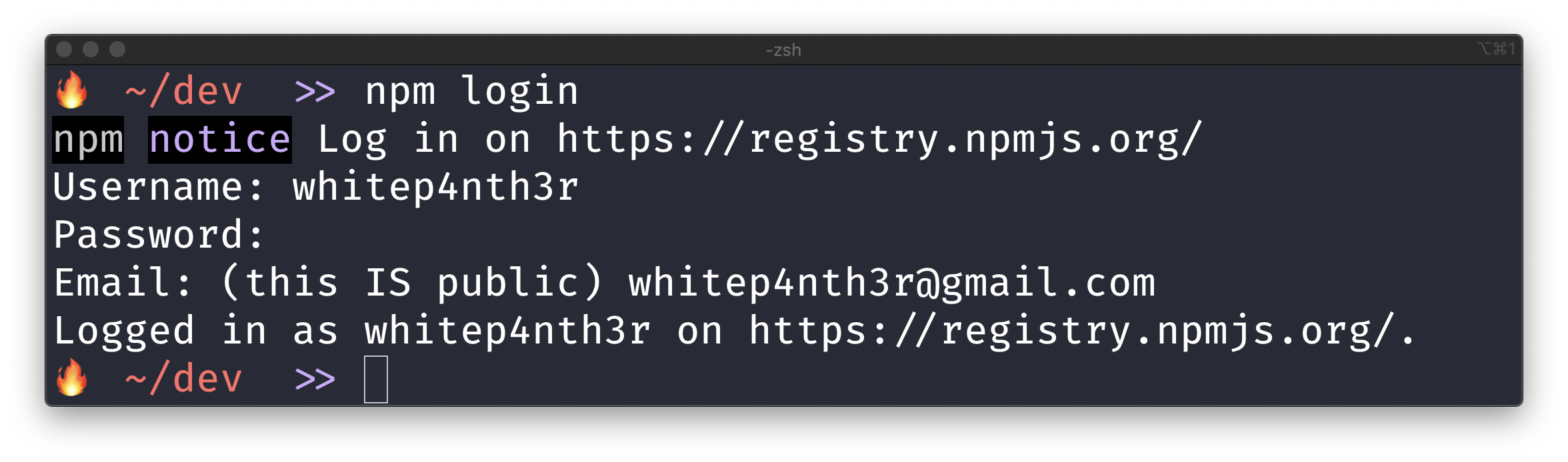 A screenshot of the output in a terminal after running npm login
