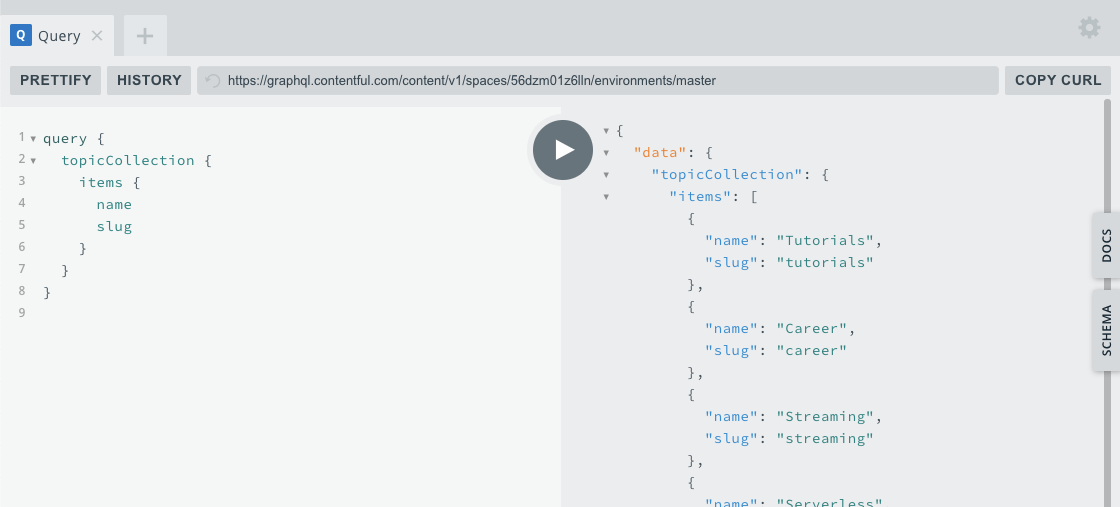 Screenshot of the topic collection query in the GraphQL playground app.