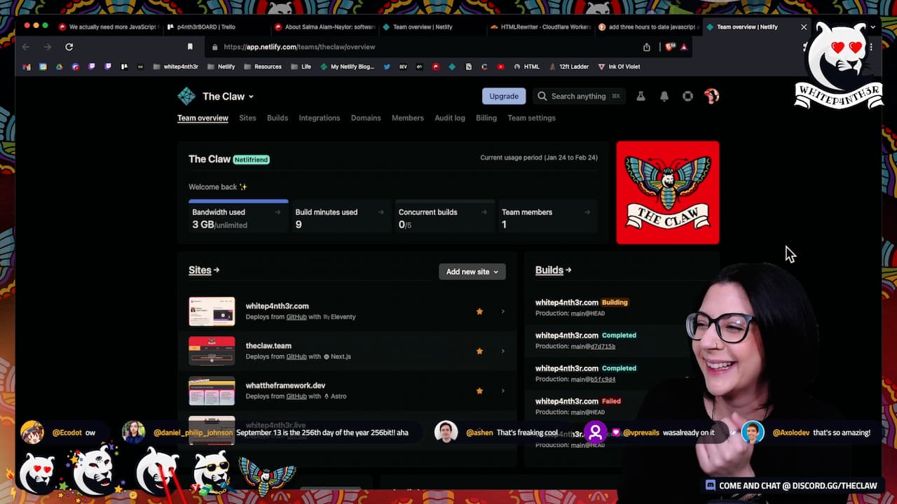 Twitch stream, me on the right, with the Netlify dashboard behind me.