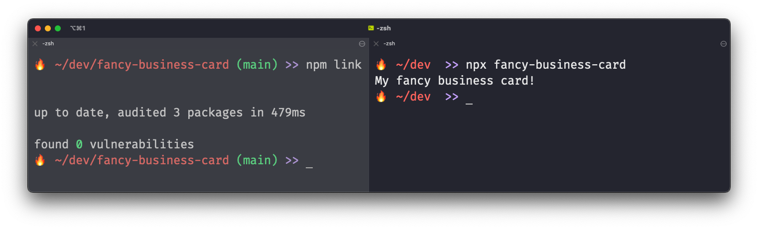 Two terminal windows showing npm link has run in the left window, and npx fancy-business-card has run in the right window, outputting the console log from index.js.