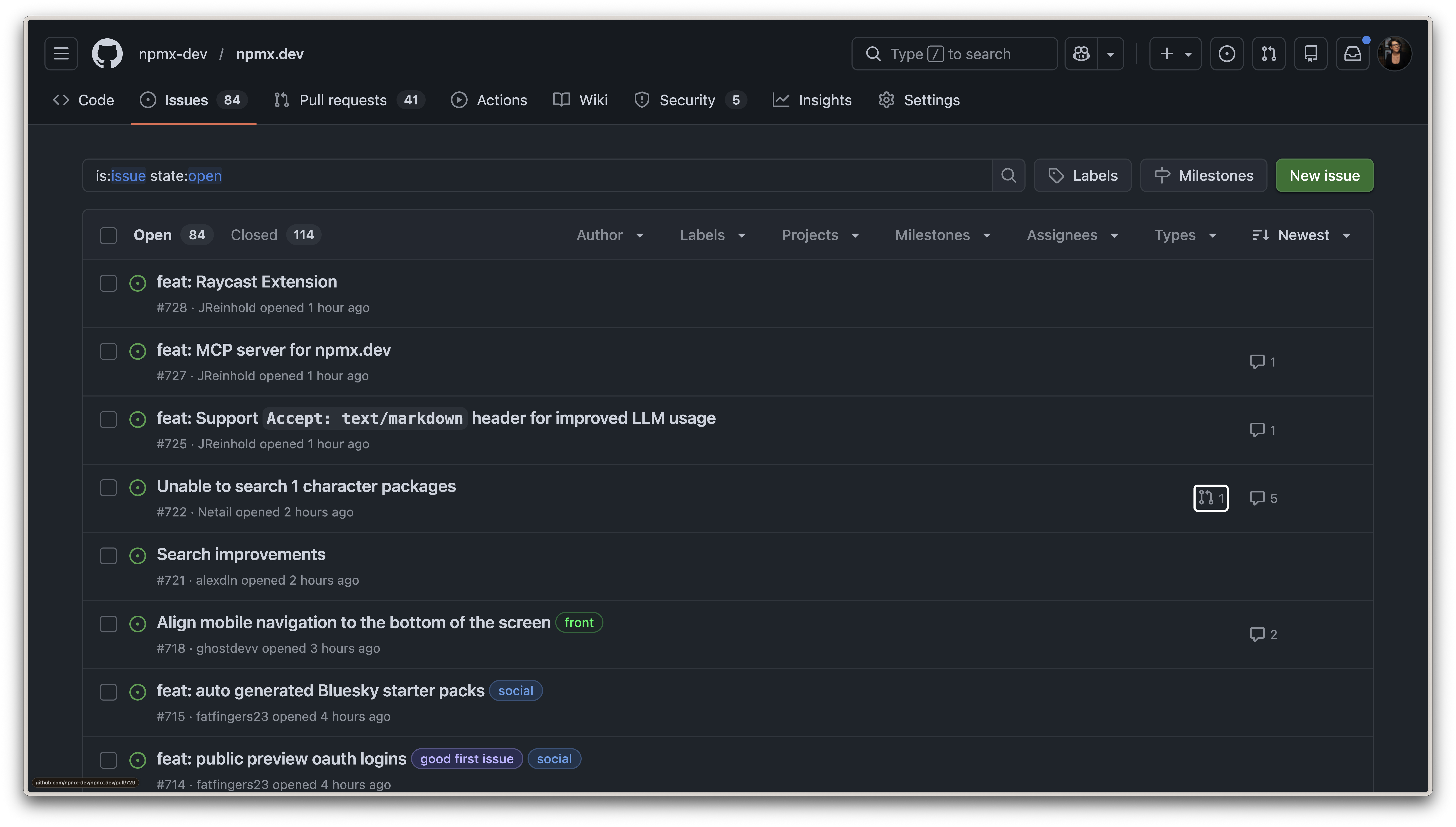 A list of open issues on the npmx.dev repository.