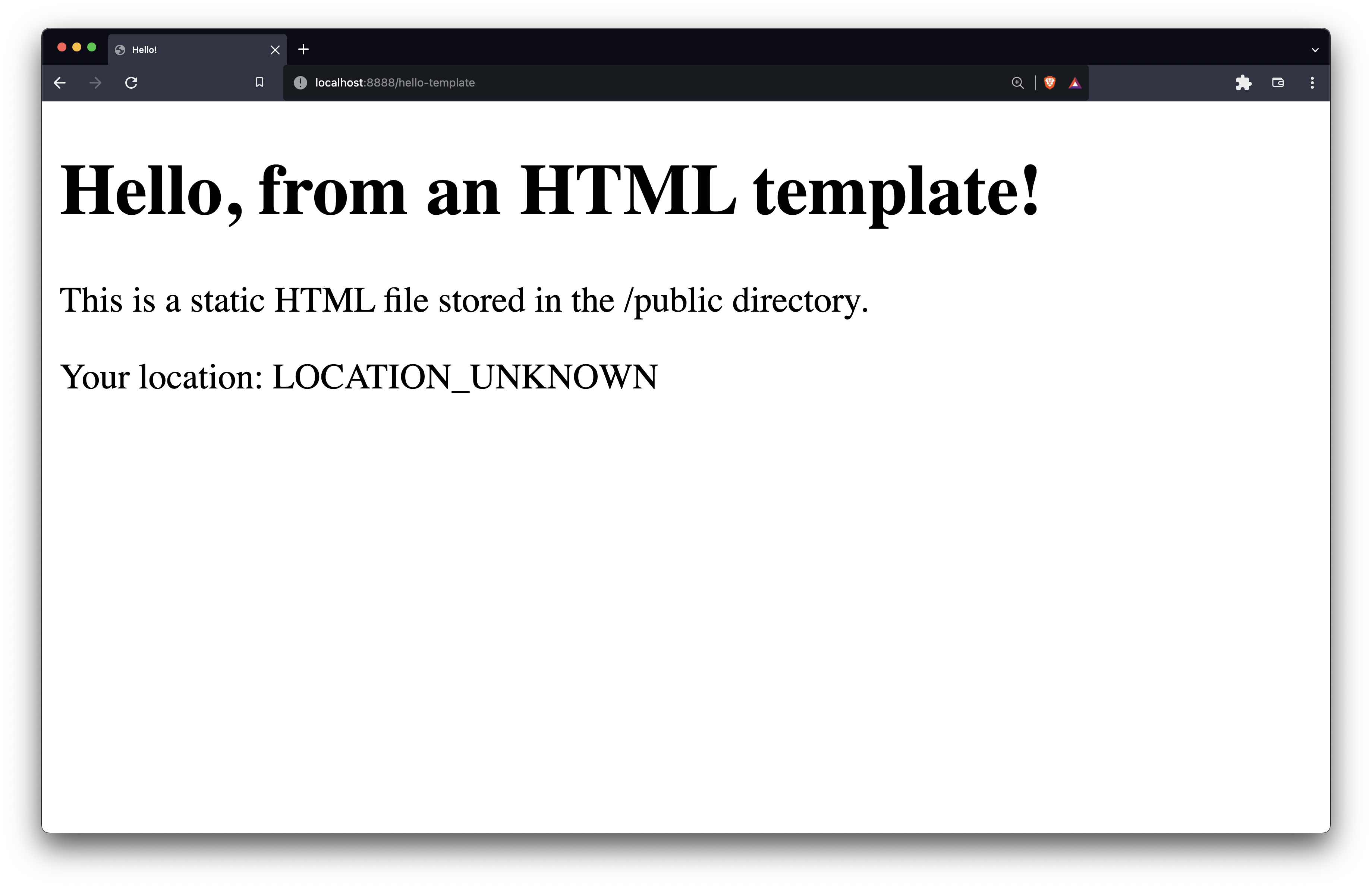 A browser screenshot, showing the hello template file with the placeholder location unknown
