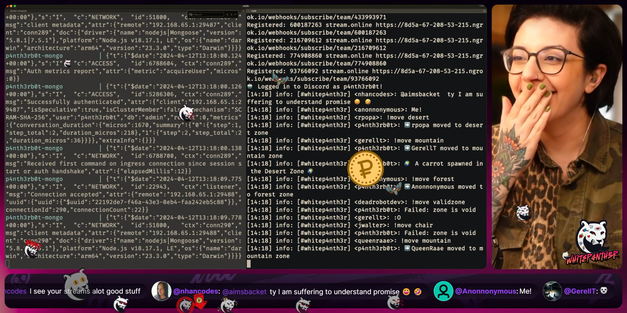 I'm live streaming on Twitch, to the right of the screen, smiling and with my hand over my mouth. To the left of me are two terminal windows with lots of code on. Panther emojis are raining down on the screen. We're having a good time.