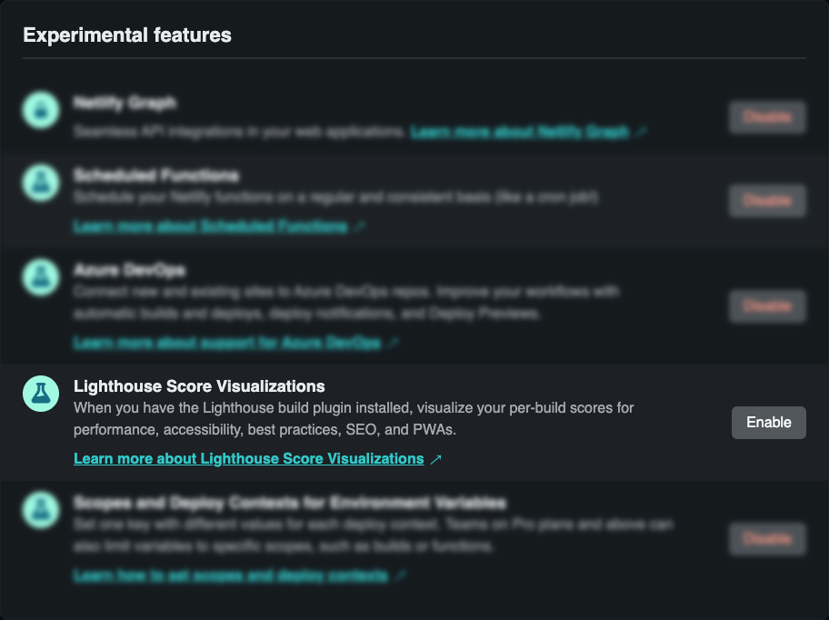 The experimental features list. All options are blurred out except for Lighthouse Score Visualizations which is the fourth item in the list.