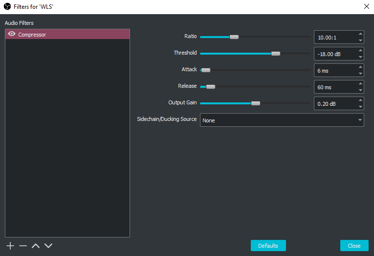 A screenshot showing the compression filter settings I use on the main audio channel of the stream