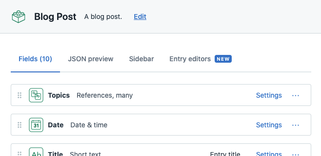 A screenshot of a Blog Post content type in Contentful showing a Topic field which is an array of linked references.