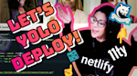 A youtube thumbnail featuring the headline Let's YOLO deploy, my with my arms in the air outlined in a pink and orange gradient, the prototype website in the background, and the eleventy and netlify logos.