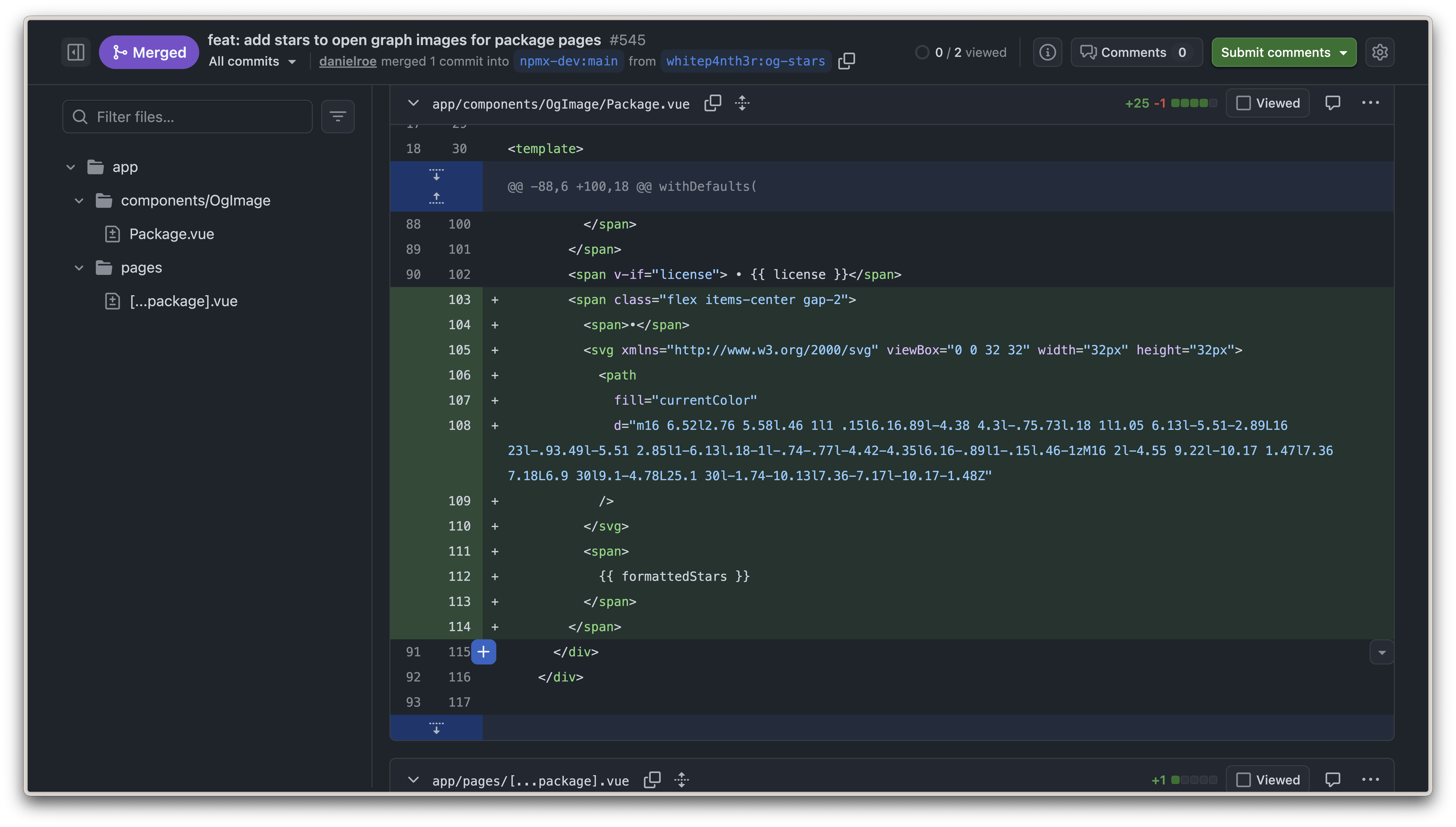 A merged PR on GitHub to the npmx.dev repository showing I added an inline star SVG to the open graph image, with the number of stars to the right of it.