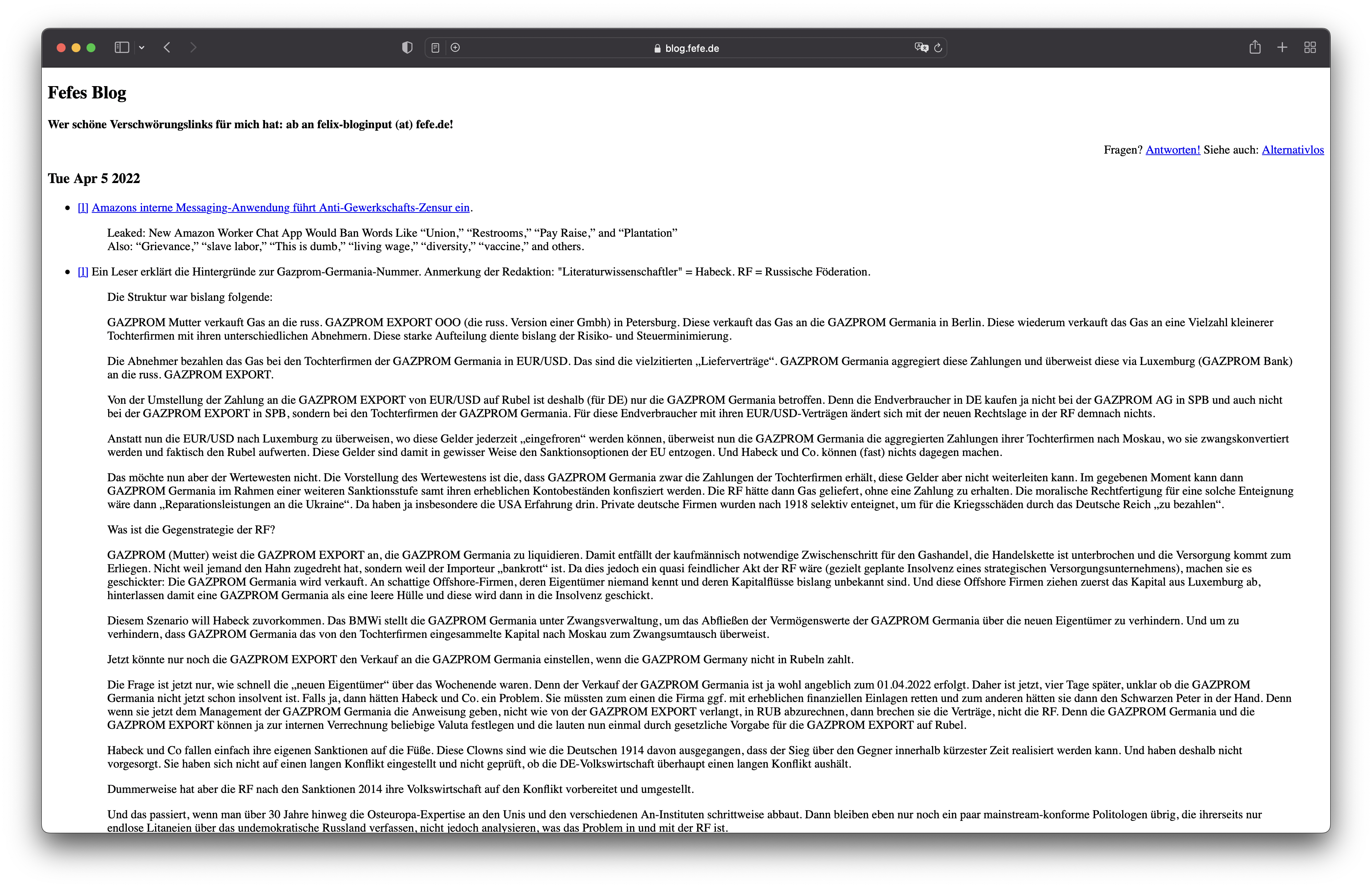 A screenshot of blog.fefe.de showing plain text and internet blue links, beautifully laid out.