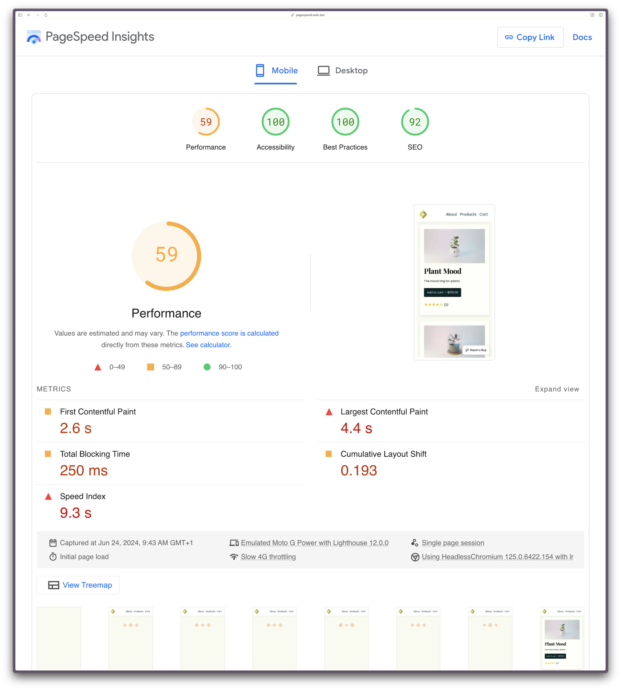 A Page Speed Insights report showing a performance score of 59. FCP is 2.6s. LCP is 4.4s. TBT is 250,s. CLS is 0.193. Speed Index is 9.3s.
