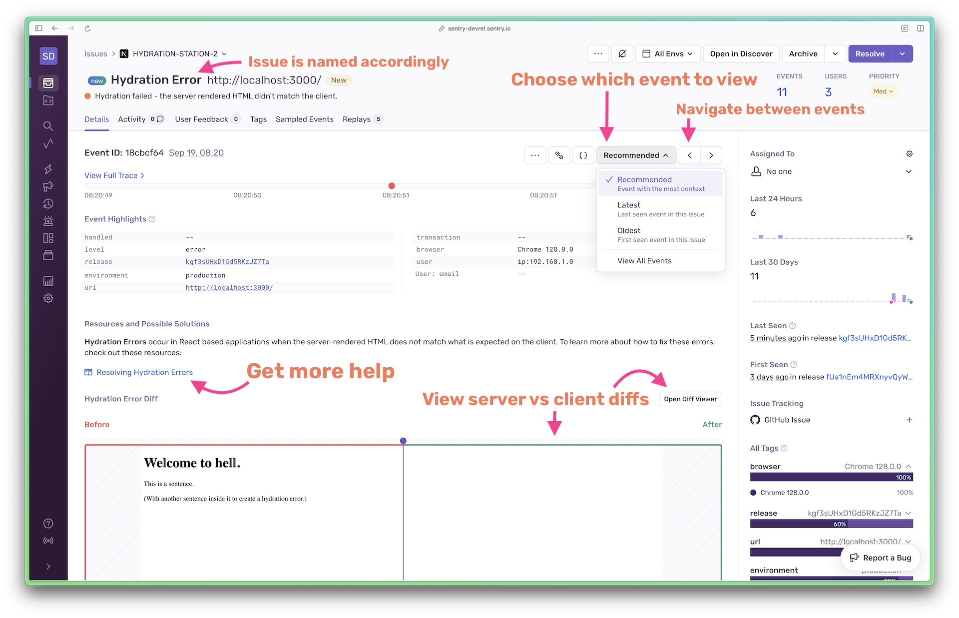 Grouped hydration error issue view showing how to navigate between grouped events, highlighting the diff viewer, and pointing to a link to get more info about how to solve hydration errors.