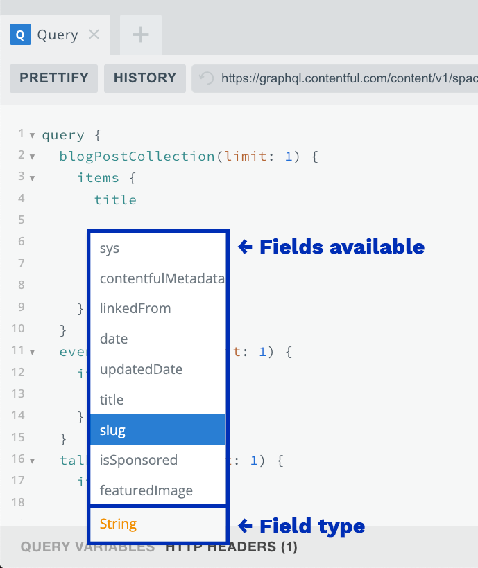 An annotated diagram showing the hint or context menu that shows in the GraphQL explorer when you press ctrl and space. The menu shows the fields available to query on the current node, and the type of field it is when it is selected.