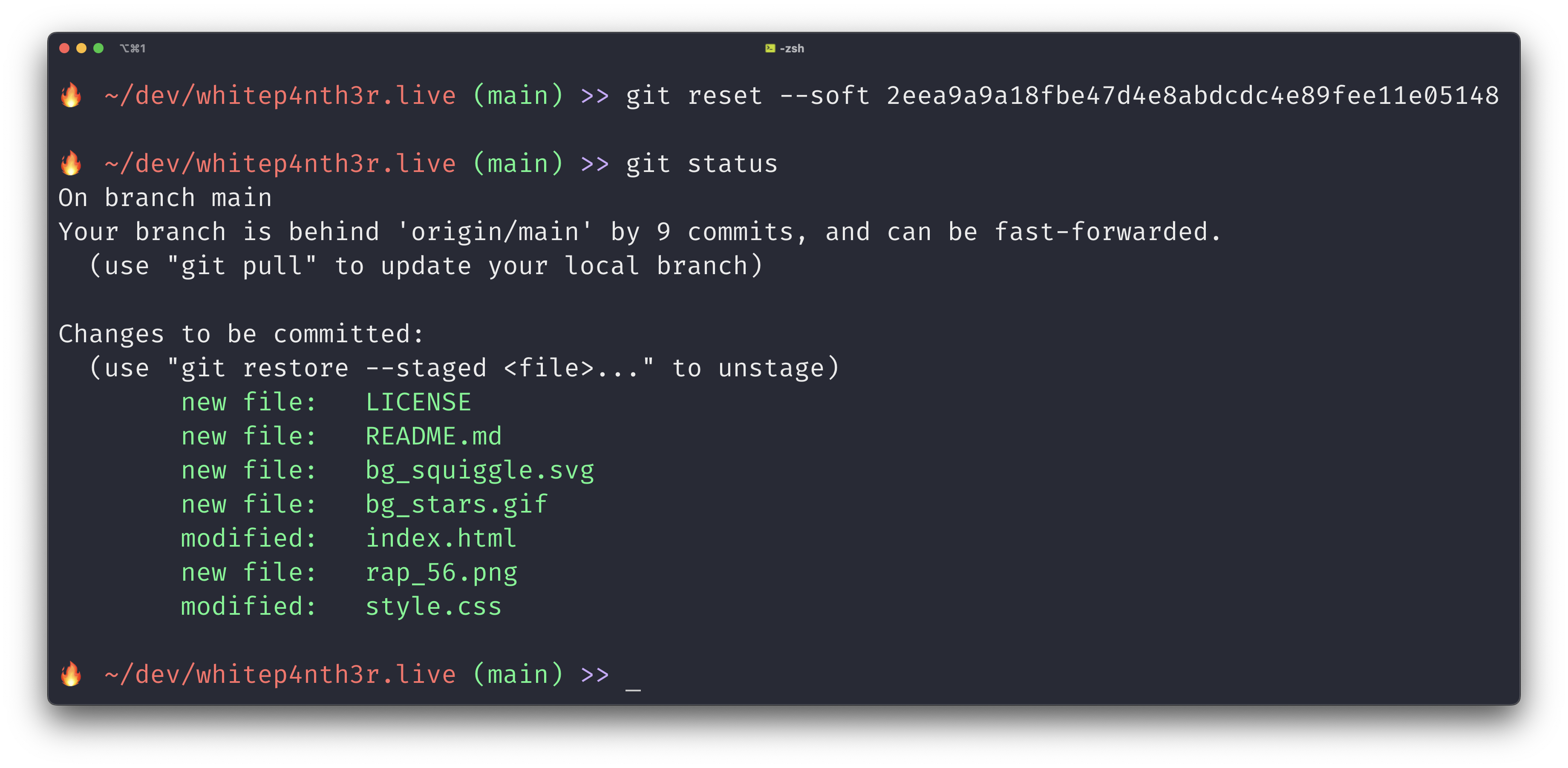 Terminal output showing a git reset --soft with a hash, then git status which shows the branch is behind origin main by 9 commits, and there are 7 file changes.