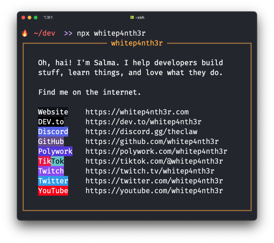 A terminal showing the command npx whitep4nth3r which has output a box with a list of links inside, the titles of the links are coloured with the brand colours, eg youtube is white text on a red background, and there's a little intro paragraph as well.