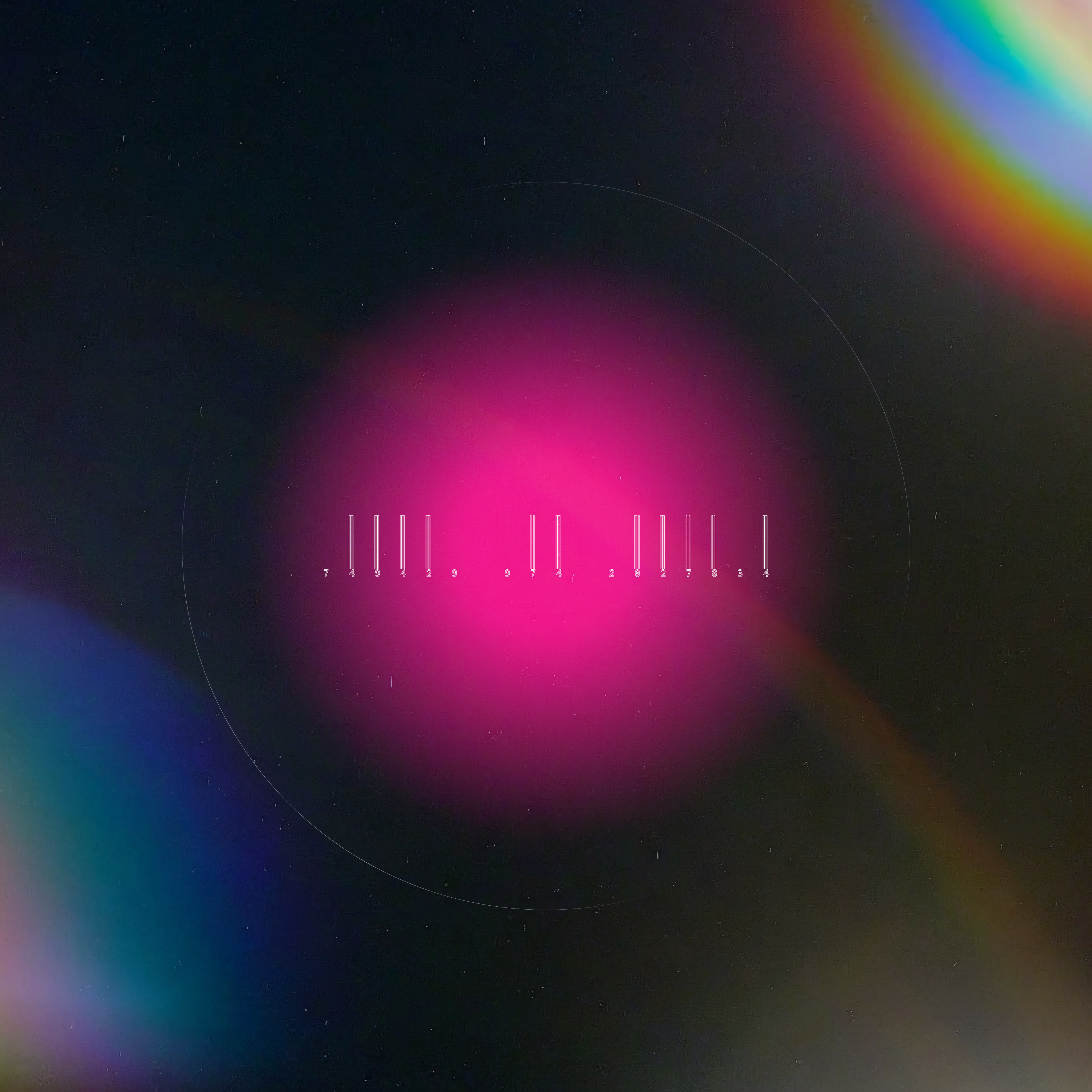 A pink orb with a glass-type halo floats in the centre of darkness. Lens flares surround the orb, making it look like it is in deep space. On the pink orb is an abstract barcode in white.