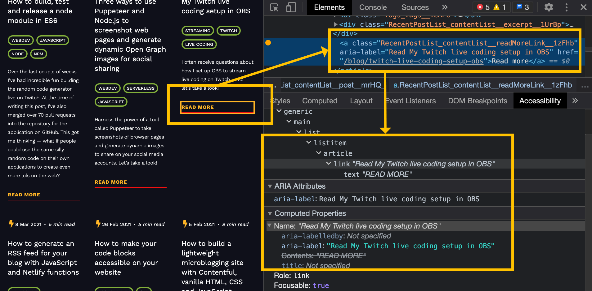 A screenshot of my website, showing how aria labels enrich the context of the HTML in the accessibility tree in Chromium dev tools.