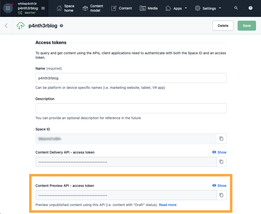 A screenshot from the Contentful Settings, API Keys area, showing the obfuscated preview token highlighted with a yellow rectangle.