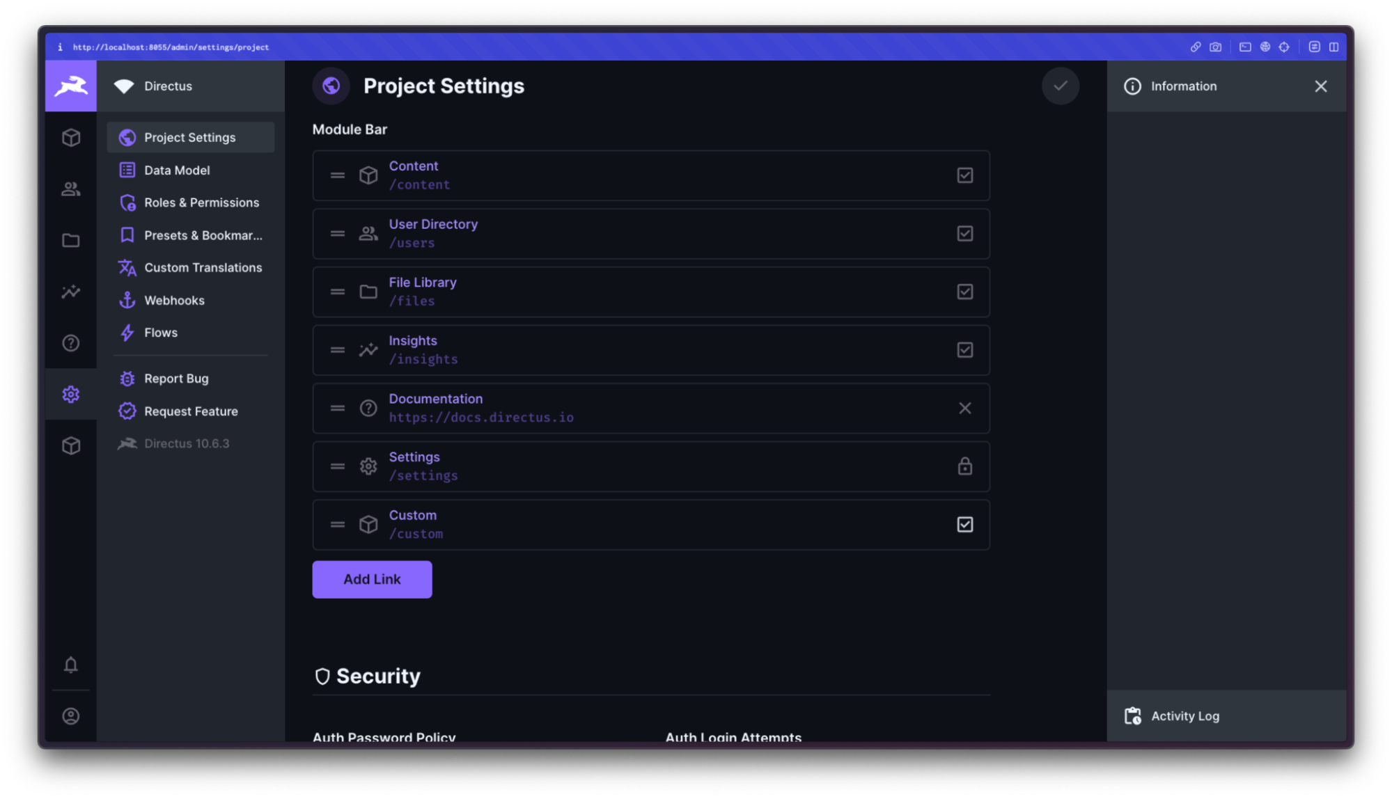 Project settings in Directus, showing the new custom module available.