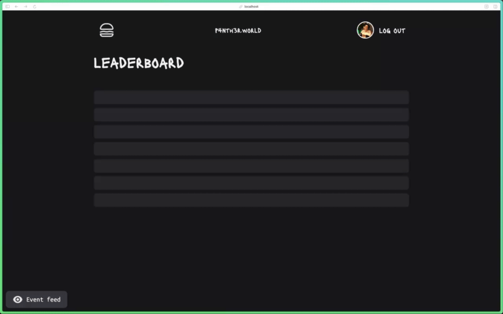 A dark web page with the title leaderboard. Underneath the title there are seven horizontal grey bars, slowly fading in and out, representing a skeleton loader. The loading never ends.