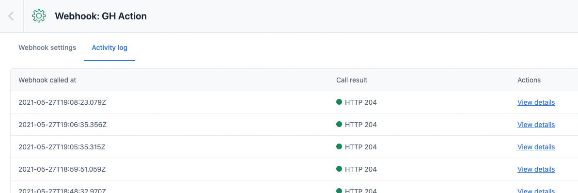 A screenshot of the webhook activity log showing it being triggered a number of times, with the timestamp, HTTP status codes and links to view details.