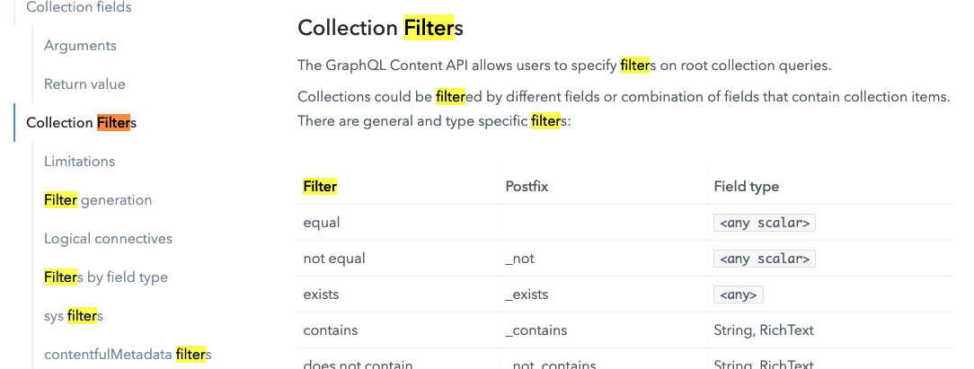 Screenshot of collection filter Contentful docs.