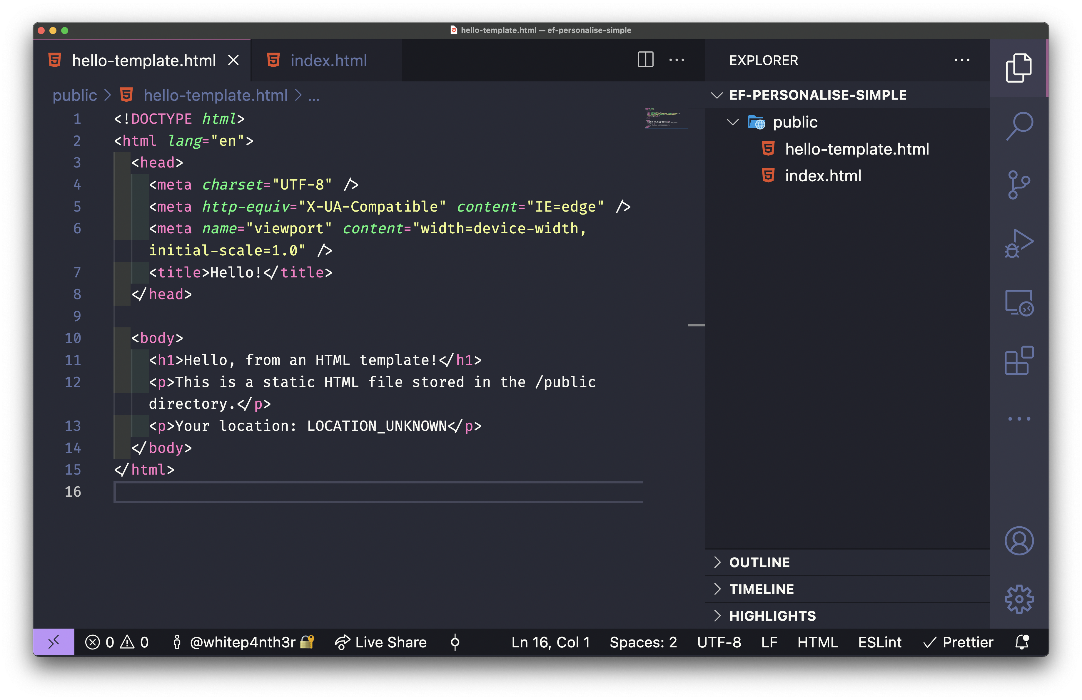 A screenshot of VSCode, showing two html files in a public directory. The visible code is the hello template file with the location data placeholder.