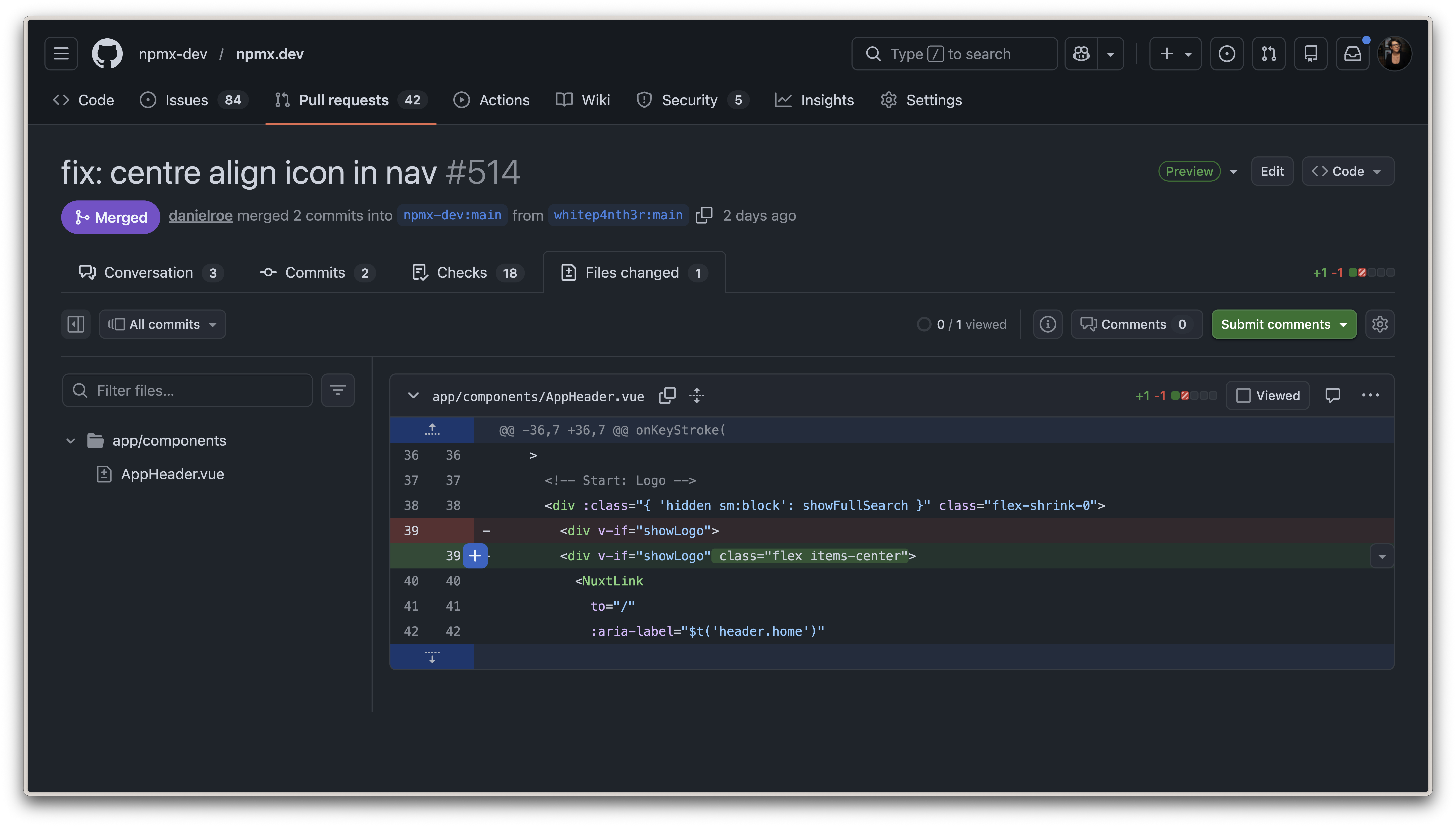 Screenshot of my a PR in GitHub with the title fix: center align icon in nav, which shows I added two CSS classes, flex and items-center to a div inside the header.