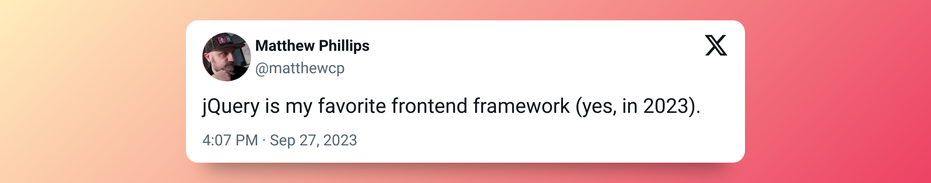 Matthew Philips on Twitter writes kQuery is my favorite frontend framework (yes, in 2023), on September 27 2023.