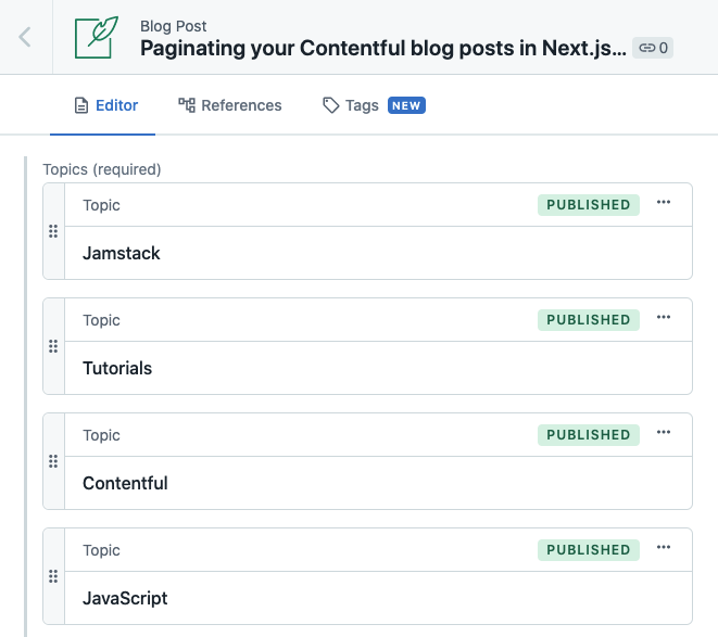 A screenshot of the Topics field on a Blog Post entry, showing the linked topics Jamstack, Tutorials, Contentful and JavaScript.