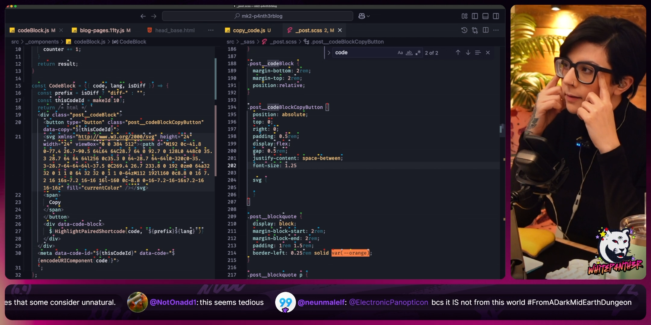 A screenshot of my streaming showing my coding in VSCode with cursorless annotations, with my fingers either side of my head because clearly it was making my head hurt.