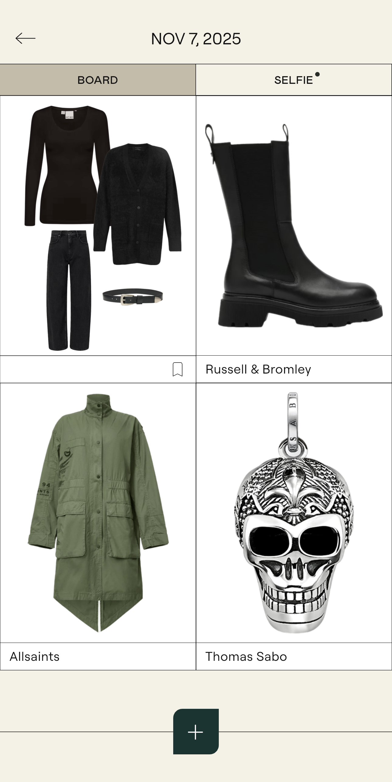 Screenshot from the tracked items from November 7th 2025, showing a base outfit of black jeans, black long sleeved top, black cardigan and black belt. Other items also added are a pair of black boots, a khaki green coat, and a silver skull necklace.