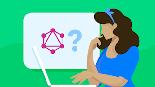 An illustration of a woman with a laptop making a thinking pose, next to the logo of GraphQL and a question mark on a green background.