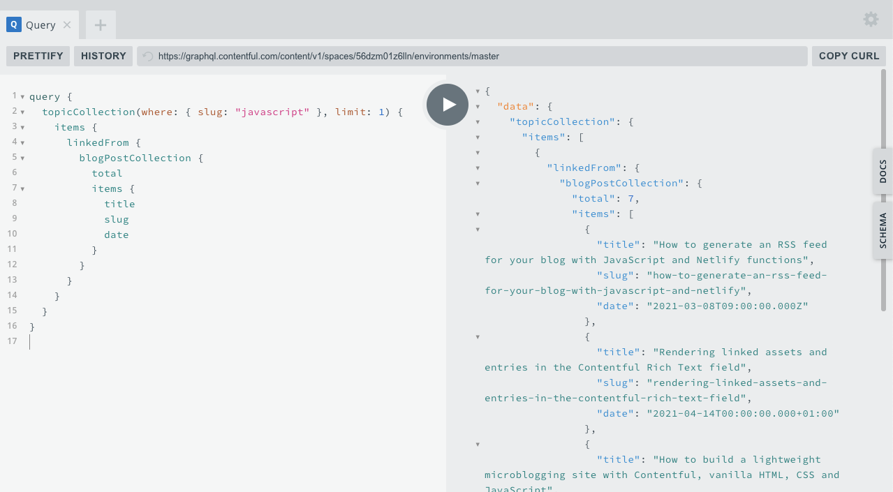 A screenshot of a linkedFrom query in the GraphQL playground, fetching blog posts that have linked tags of JavaScript.