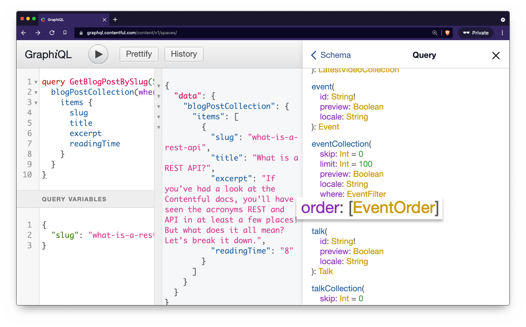 A screenshot of the GraphiQL explorer, showing the query tab open to inspect the scheme, with the type order: EventOrder highlighted.