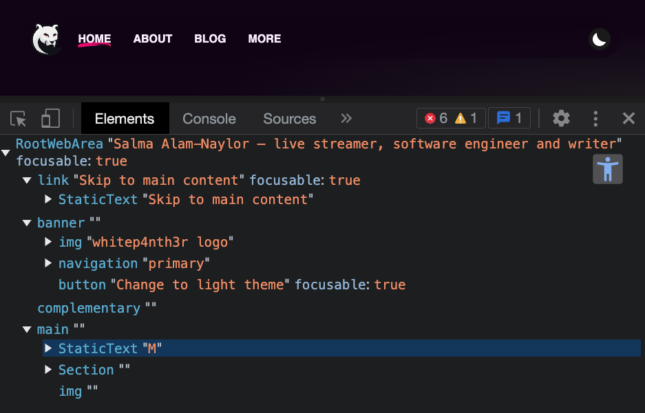 Browser accessibility tree view, showing a static text element with the content M as referenced in the code example above, that will be read out by screen readers.