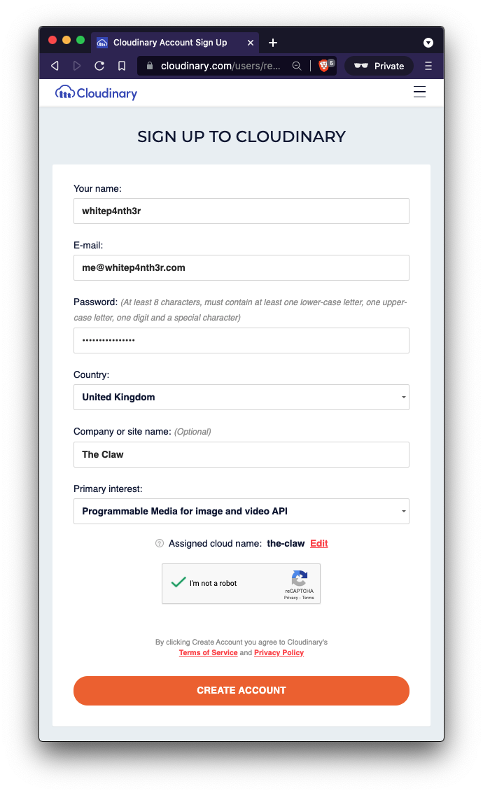A screenshot of the Cloudinary sign up form.