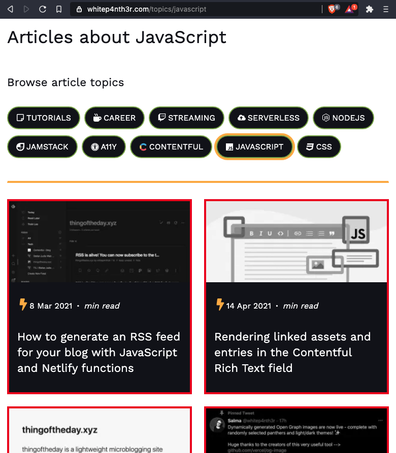 A screenshot of a JavaScript topic page on my blog site.