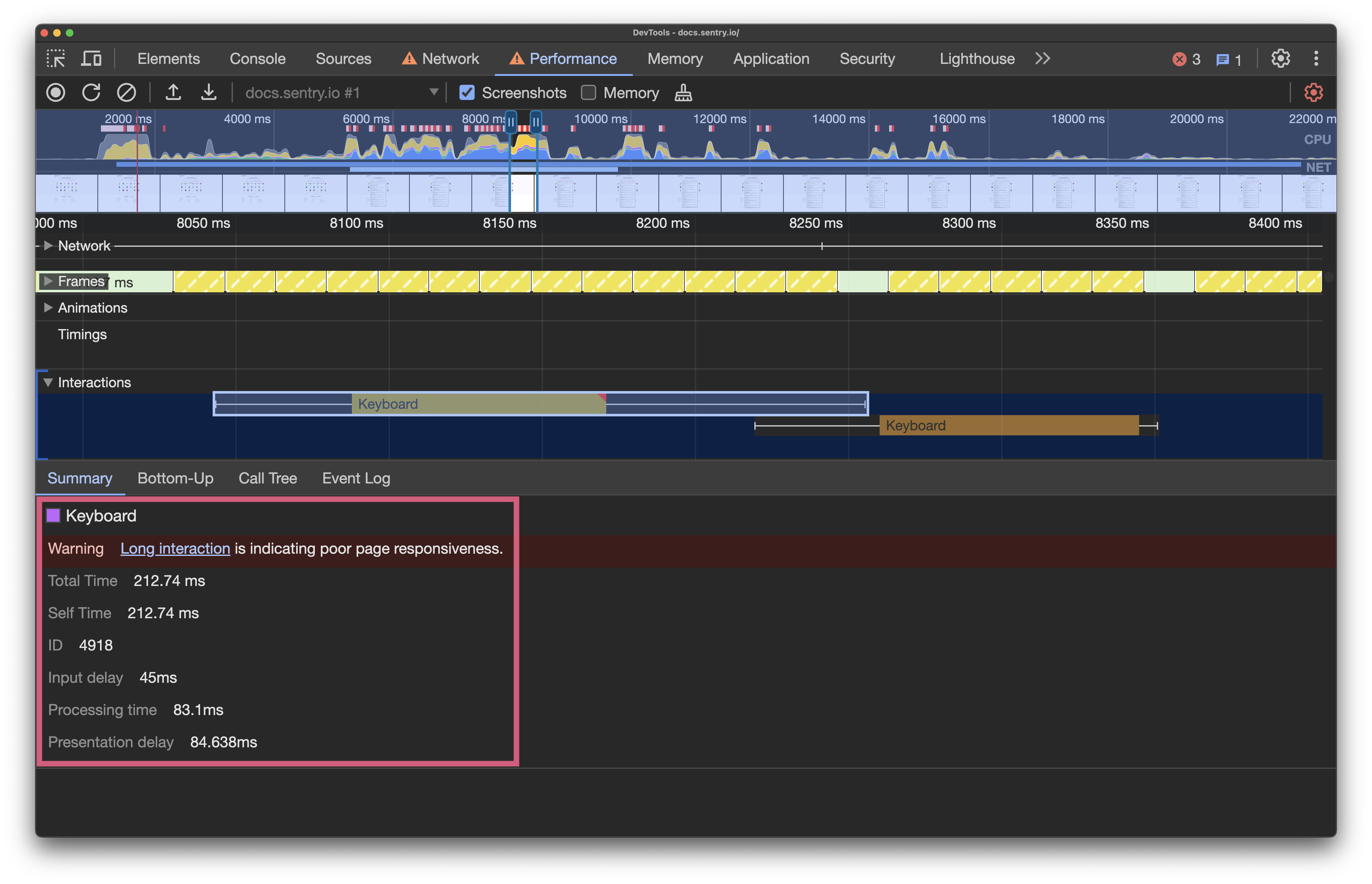 The keyboard action summary tab, showing again that the long interaction is indicating poor page responsiveness, and some associated metrics.