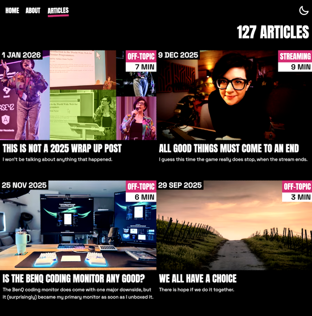 Screenshot of four cards on the blog list page, showing four large images with the halftone and high contrast effect.