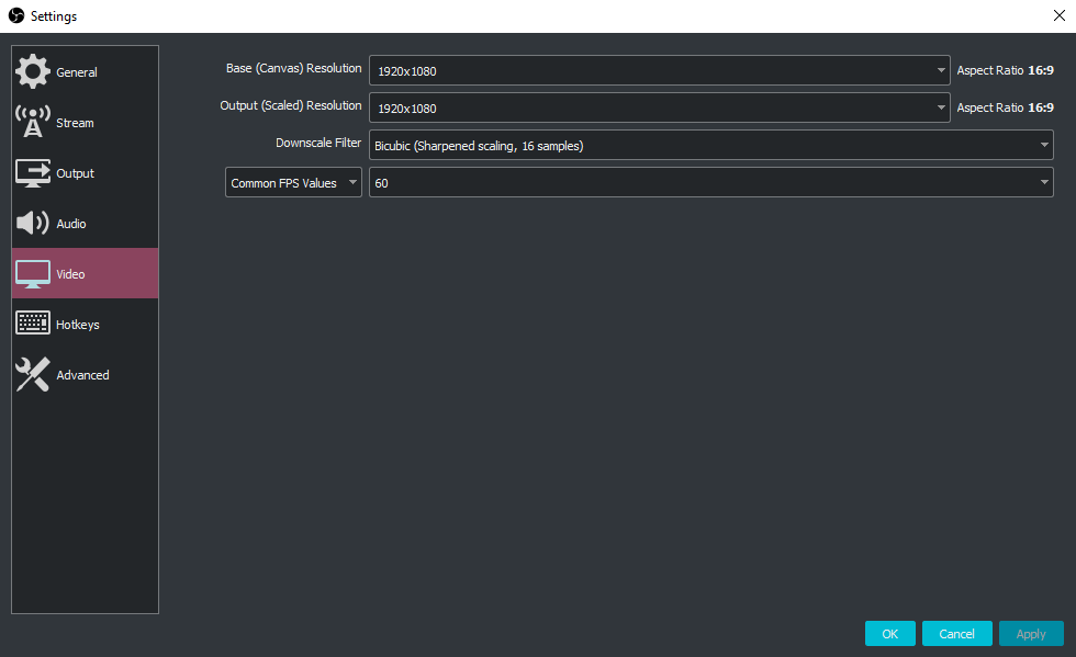 A screenshot of the video settings I use in OBS